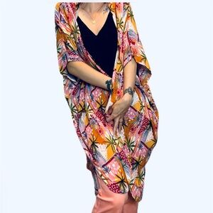 NWT Angie open duster scarf kimono pink periwinkle palm tree tropical coverup
